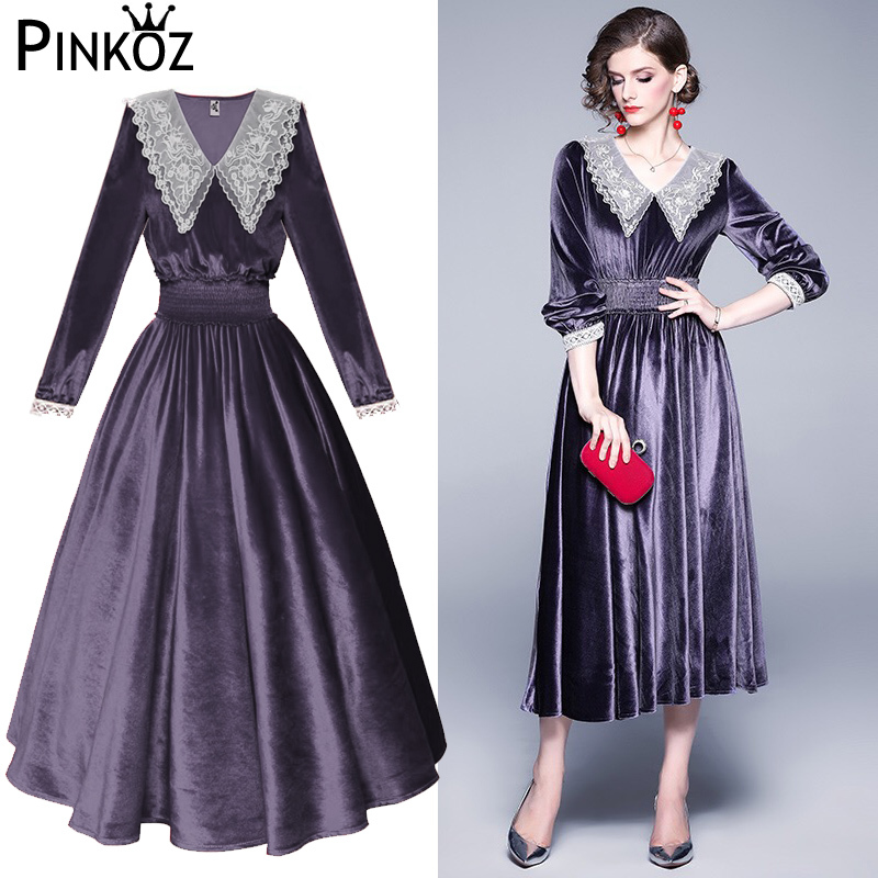 Plus Size Boho Autumn Vintage Velvet Elegant Long Midi Lantern Sleeve Dress Elastic High Waist Turn Down Collar 210421