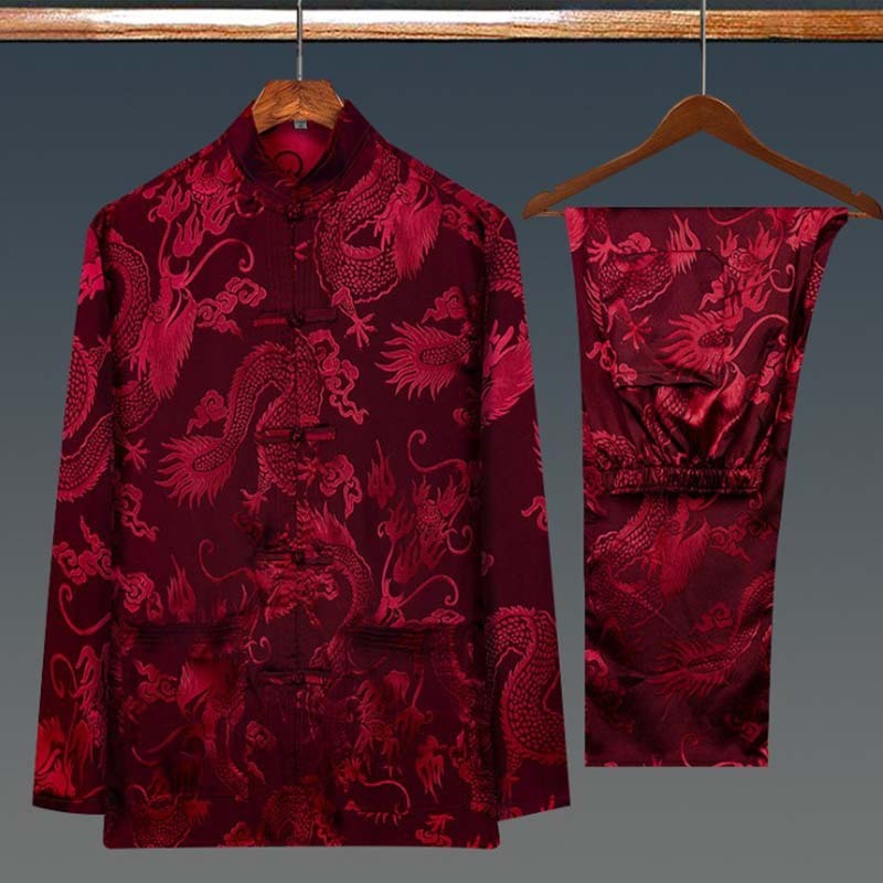 Tang Suit Shirt+Pants Shirt Mens Chinese Style Casual Shirts Men Kung Fu Uniform T-Shirt Mandarin Collar Long Sleeve Dragon 210524