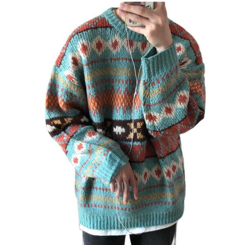 Winter Sweater Men's O-neck Thickened Warmth Korean Street Style Men's Pullover Loose Harajuku Printed Sweater Men 210929