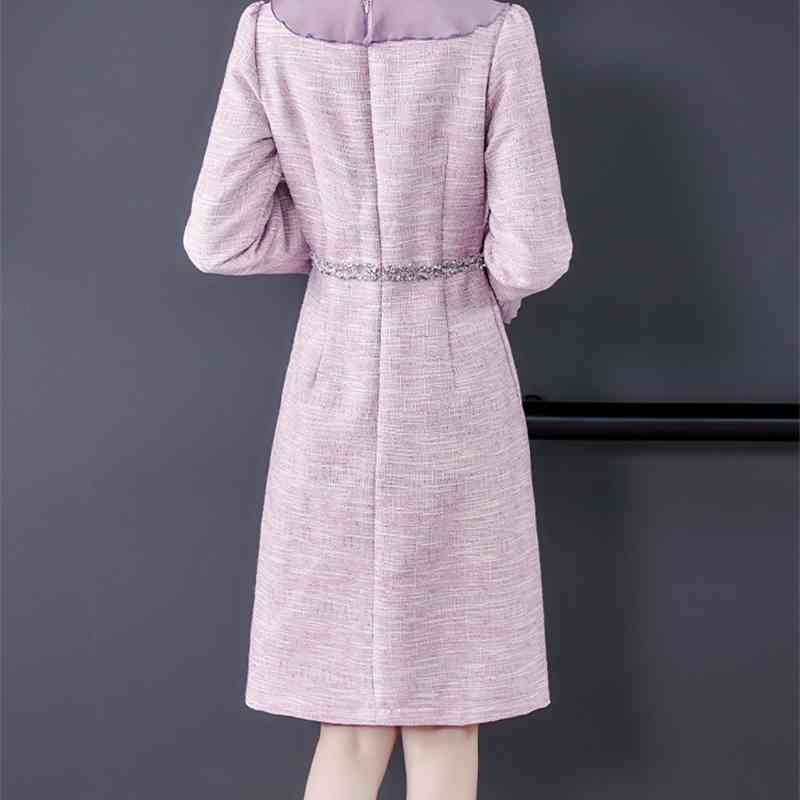 Autumn And Winter Runway Tweed Dress For Women Vintage Wool Chic Party Knee Length A-Line Diamonds Belt Dresses Vestdios 210520