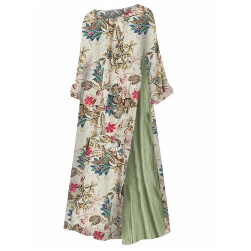 Plus Size Women 3/4 Sleeve O Neck Floral Leaves Print Stitching Loose Maxi Dress Casual Dresses