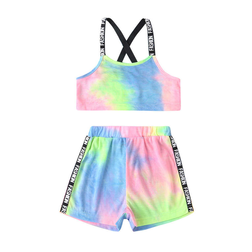 Girls Clothes Sets For Kids Cute Strap Tie-dyed Tops Short Pants Letter Muti Summer 210629