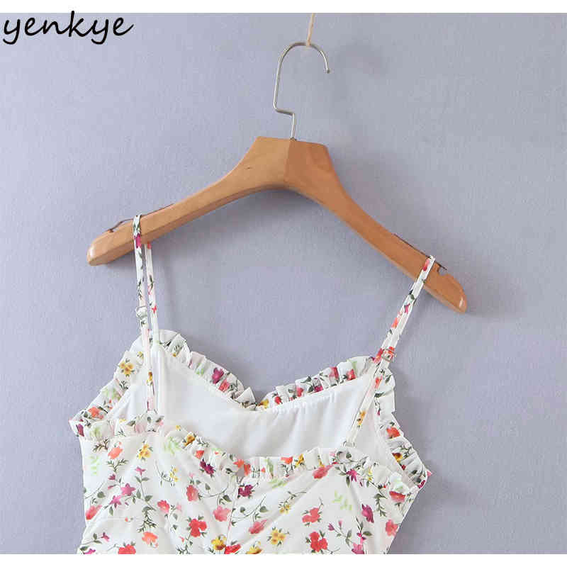 YENKYE Sweet Ruffle Floral Print Dress Women Front Drawstring Draped Bodycon Mini Sexy Dress Holiday Summer Sling Chiffon Robe 210515