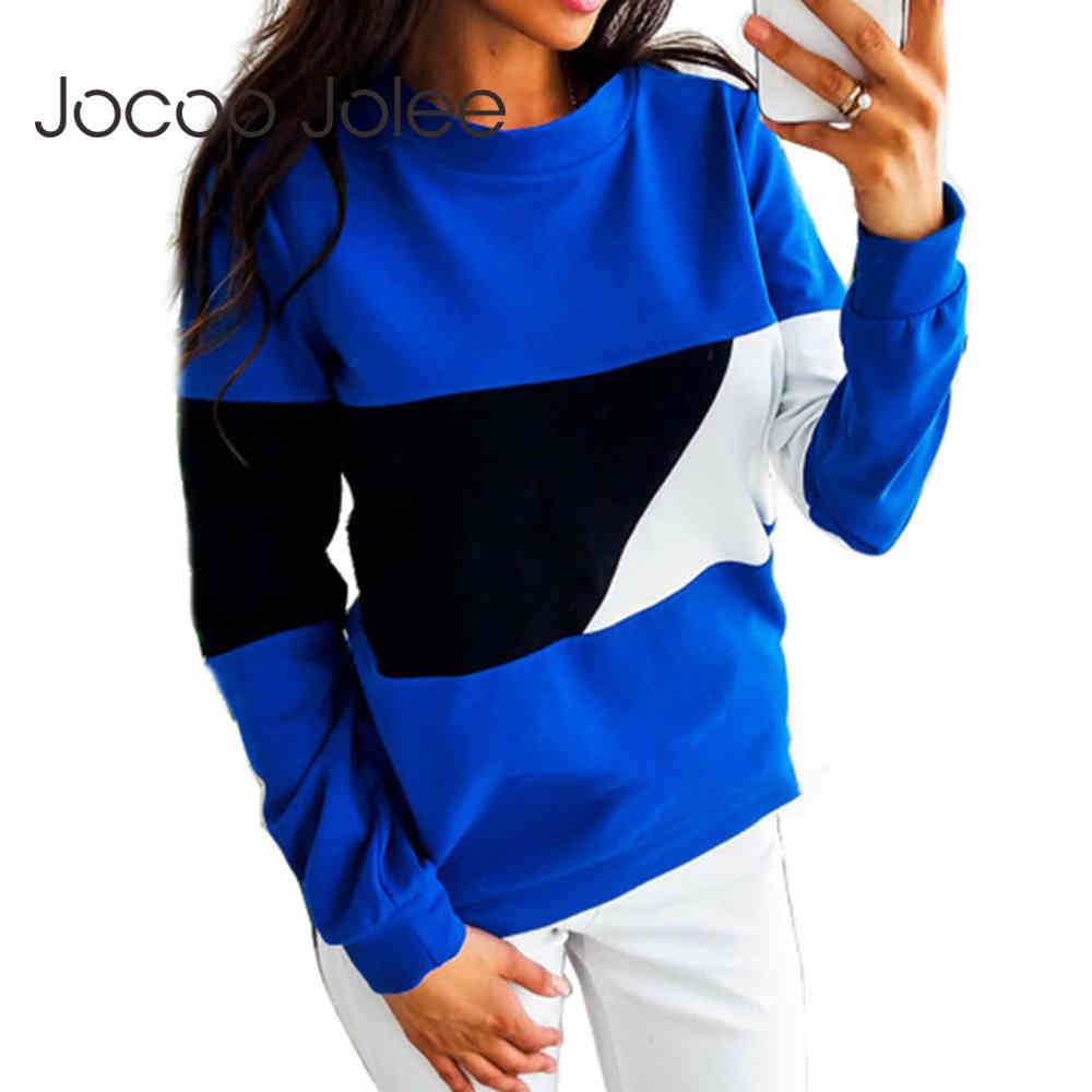 Women Autumn Winter Long Sleeve O Neck Hoodies Color Block Patchwork Loose Sweatshirts Casual Pullover 210428