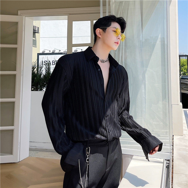 IEFB Korean Trend Solid Color Stirped Long Sleeve Black Shirt For Male Fashion White Lapel Causal Shirts 9Y7395 210524