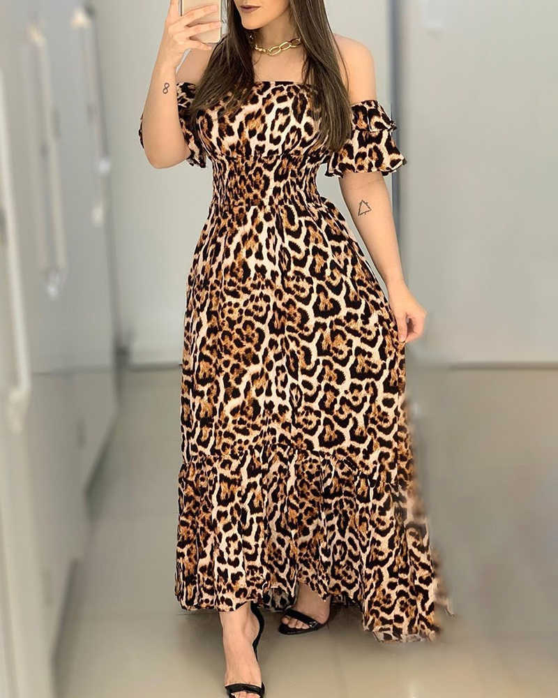 Women Off Shoulder Elegant Fashion Cocktail Sexy Party Dresses Ball Gown Leopard Maxi Dress 210716