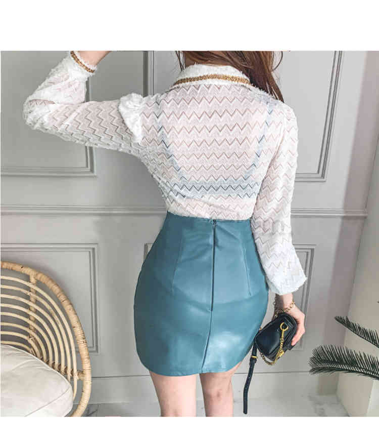 Fashion Vintage Elegant women Lace Perspective Turn-Down Shirt Tops and PU leather pencil skirt office simple Two piece Set 210519