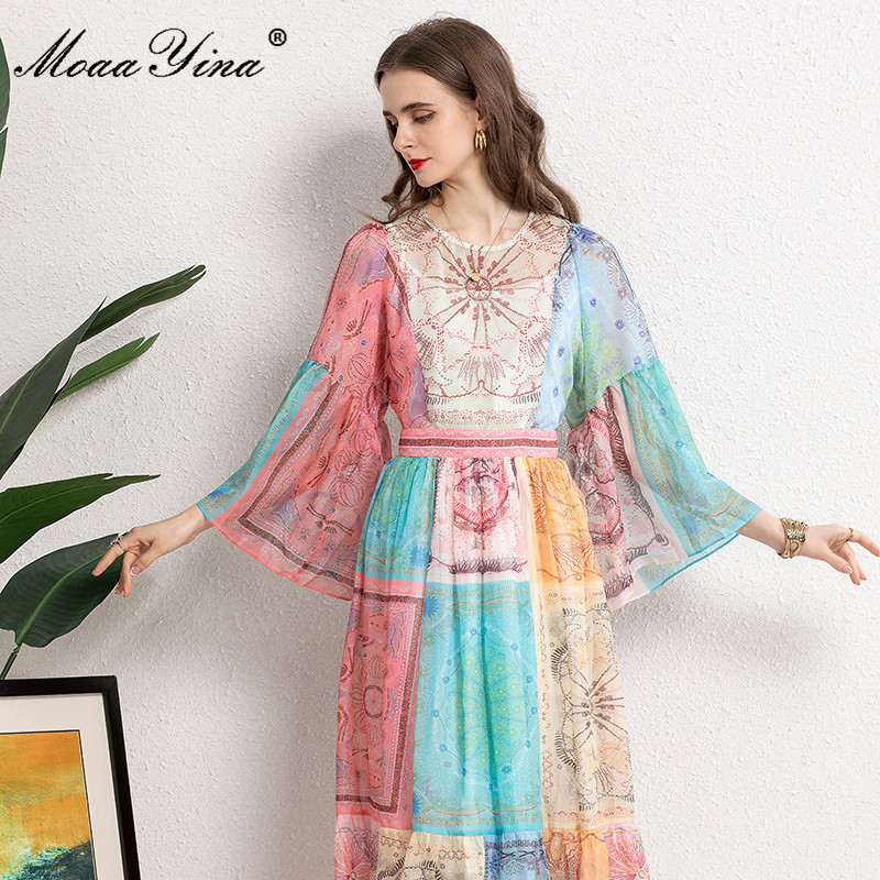 Women's Summer Retro Vacation Dresses Loose Long sleeve Colorblock printing High waist Chiffon Maxi Dress 210524