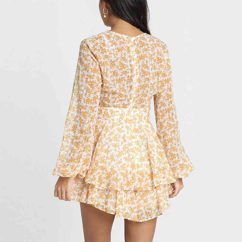 Summer Floral Print Beach Dress Deep V Neck Mini Bud Dresses Lady Bandage Transparent Long Sleeve Holiday Dress Sundress 210414