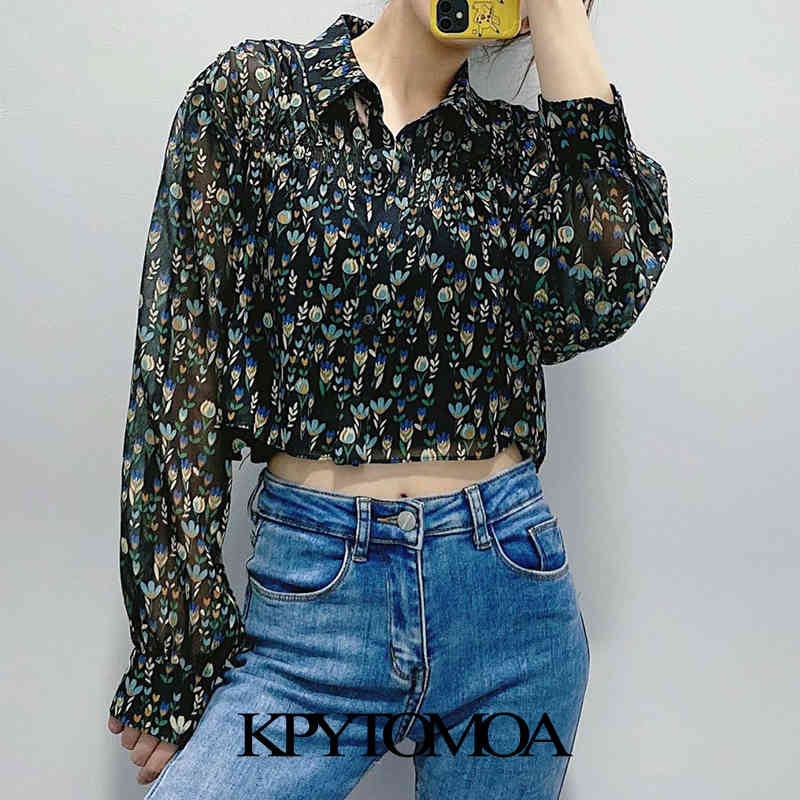 Women Fashion Smocked Floral Print Cropped Blouses Long Sleeve Button-up Female Shirts Blusas Chic Tops 210420