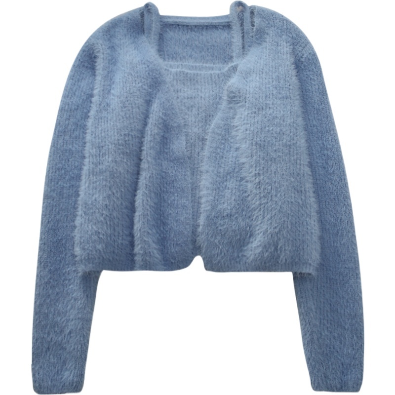 Kimutomo Korean Style 2 Piece Sets Womens Outfits Solid V-neck Long Sleeve Cardigan and Short Sling Spring Elegant Casual 210521