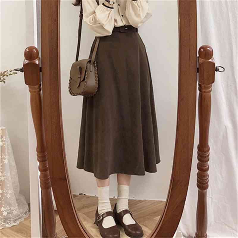 A Line solid Women Skirts Pleated MI-long Plus Size Knee Length Skirt Female Vintage Suede Jupe Femme Faldas Mujer 210621