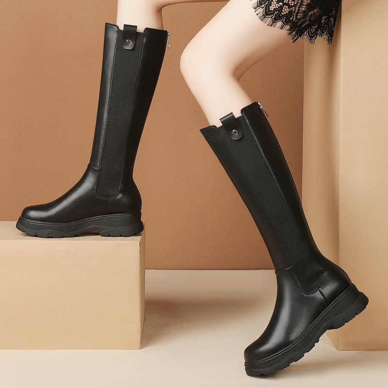 boots quality knee high for women genuine leather autumn winter thick heels shoes woman night club slim long g4dl, Black