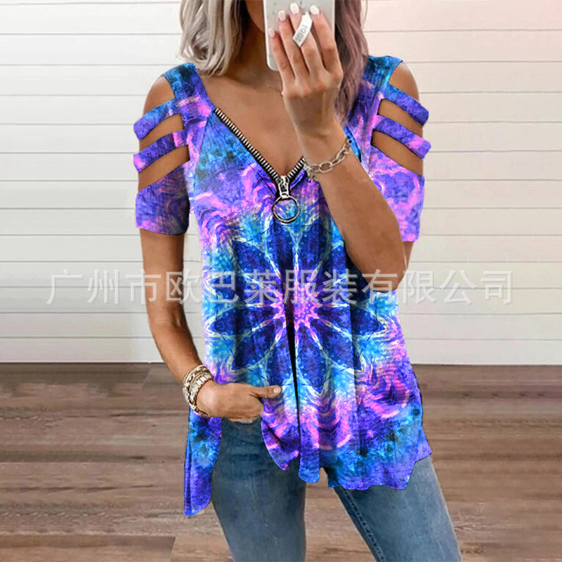 2021 European and American T-shirt Spring and Summer Western Style Printed V-neck Zipper Women's Short Sleeve, As pic
2021 European and American T-shirt Spring and Summer Western Style Printed V-neck Zipper Women's Short Sleeve, As pic