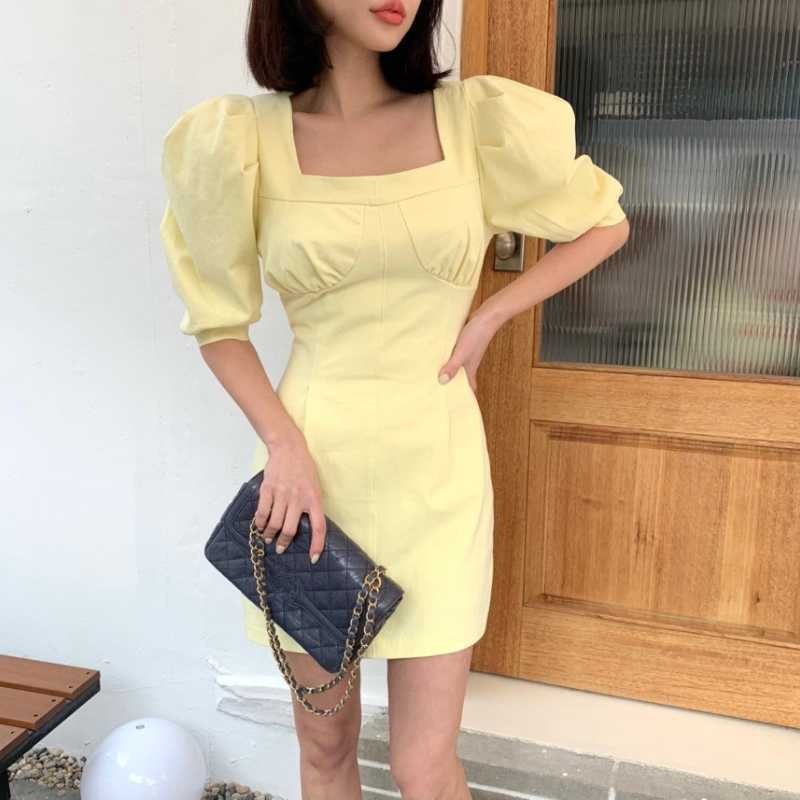 Korean Chic Square Collar Woman Dress Elegant Slim Waist Puff Sleeve Dresses Summer Solid Vestido Mujer 6H771 210603