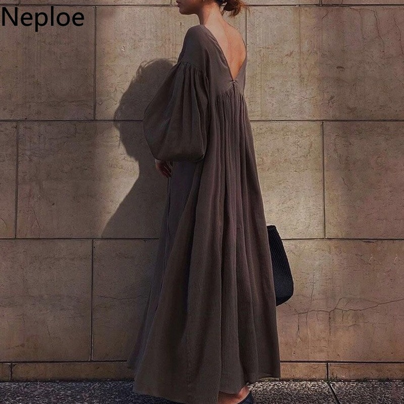 Neploe Japanese Vintage Maxi Dresses Fir Women Solid Color Bandage Sexy V-neck Vestidos Puff Sleeve Loose Robe Blackless Dress 210422