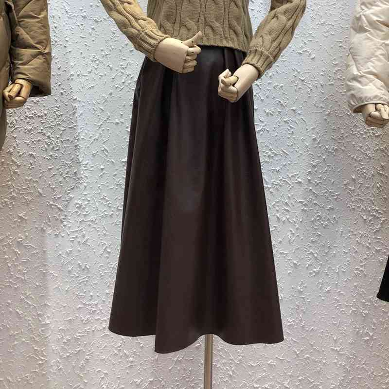 Women Solid Pu Leather Skirts with Pockets Autumn Winter High Waist Folds A-Line Mid Calf Skirt Female 210514