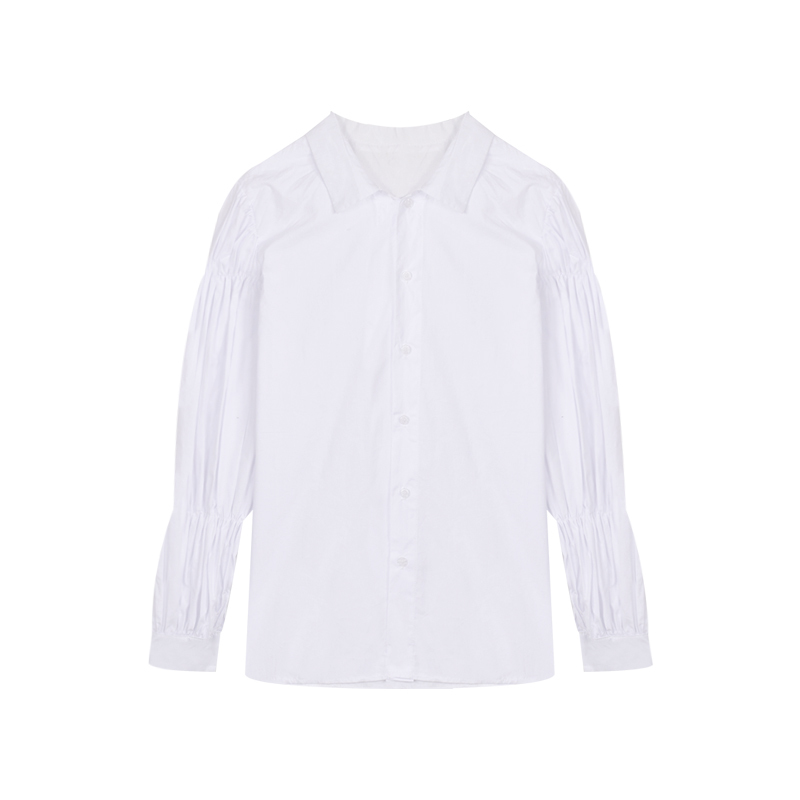 Nomikuma Autumn Women Blouse Korean Pleated Puff Long Sleeve Blusas Causal Turn-down Collar Single Breasted Shirt 6D189 210427