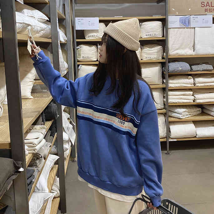 2 colors autumn winter korean style Women Sweatshirts Long Sleeve letter patch thick Sweatshirt Womens pullovers ( F4120) 210423