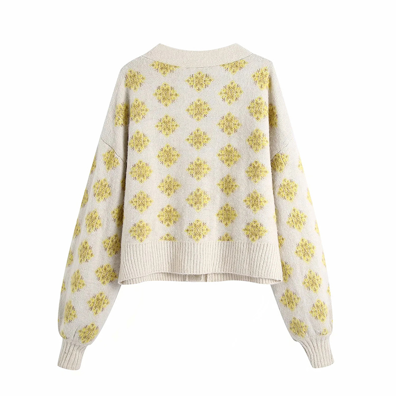 Women Elegant Floral Print Buttons Knitting Sweater Female Chic Basic V Neck Lantern Sleeve Casual Cardigans Tops 210520