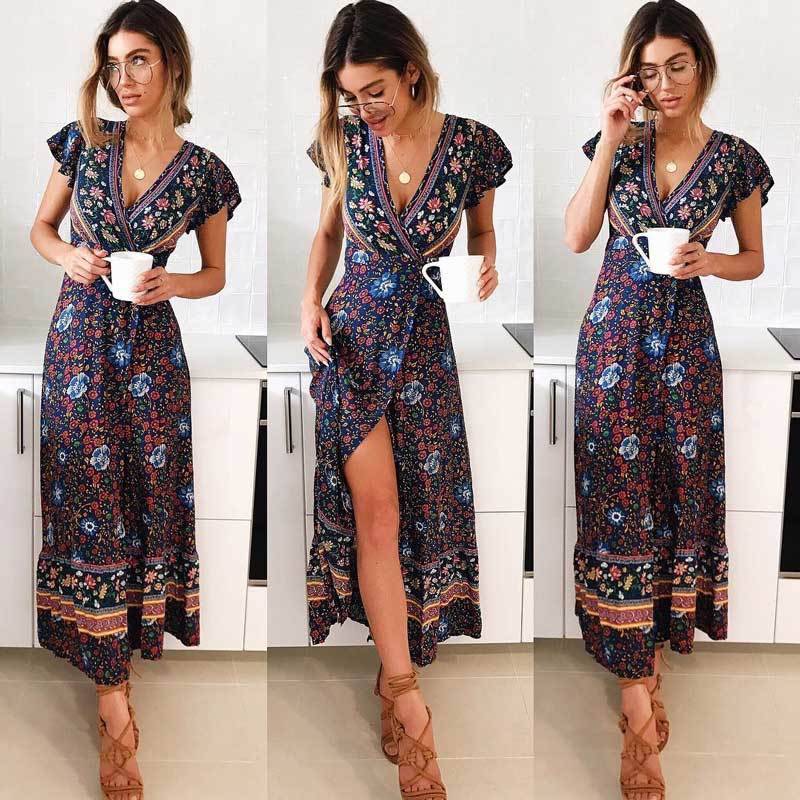 BOHO INSPIRED PINK FLORAL Wrap summer dress V-neck belt tied new maxi dress short sleeve gypsy casual women dress vestidos 210331
