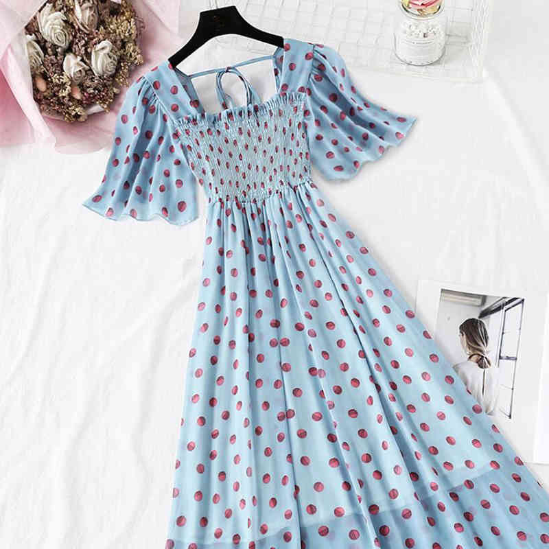 Summer Polka Dot Print Chiffon Dress Sweet Short Sleeve Ruffle Midi Dress Women Bohemia Elegant Pink Party Vestidos 210521