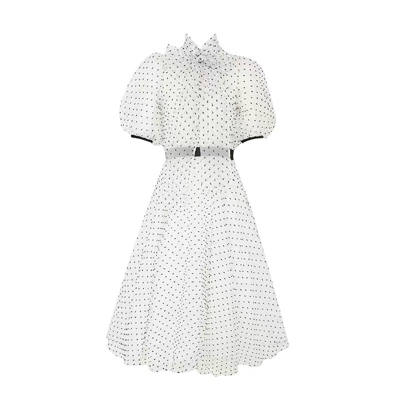Vintage Elegant Puff Short Sleeve Dot Print Bow Knee Length Party Dress Women Lady Office Work Casual Vestidos 210421