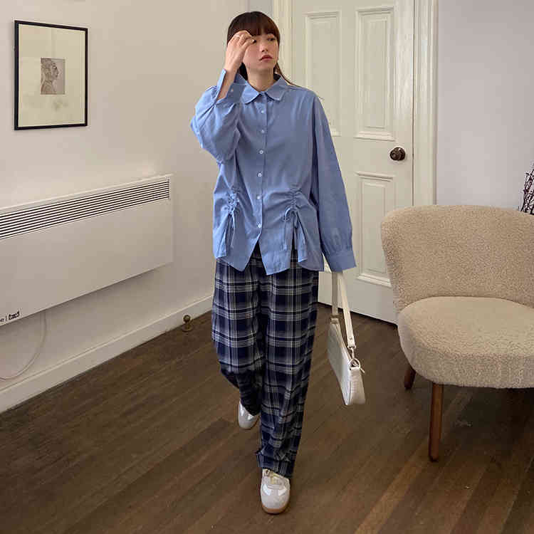 SML korean style plaid vintage straight trouser female spring autumn high waist long pants womens (F4207) 210423