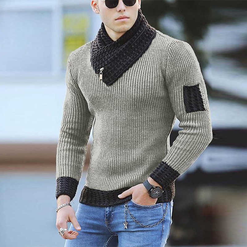 Casual Mens Slim Knit Sweater Autumn Winter Warm Turtleneck Jumpers Men Fashion Patchwork Long Sleeve Sweaters Streetwear 210929