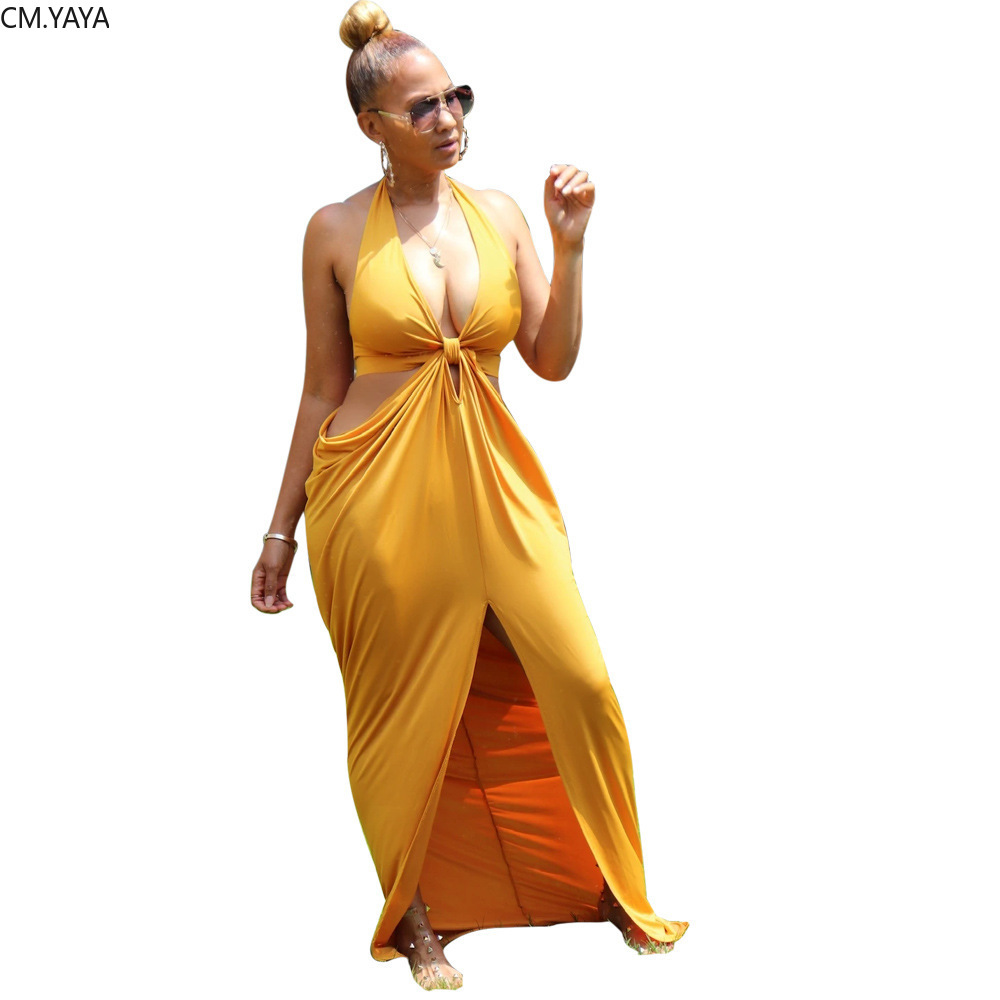 CM.YAYA Women Halter V-neck Open Back Split Irregular Maxi Dress Sexy Party Club Floor Length Beach Long Dresses Vestidos 210409