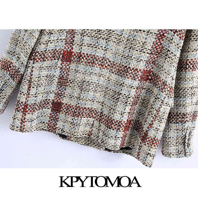 Women Fashion Double Breasted Check Tweed Blazer Coat Long Sleeve Pockets Female Outerwear Chic Tops 210420