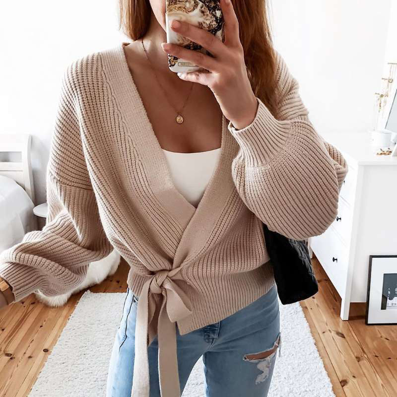 Women Sweater Long Sleeve V Neck Knitted Lace Up Hollow Out Cardigan Loose Tops Autumn Winter Fashion 210513