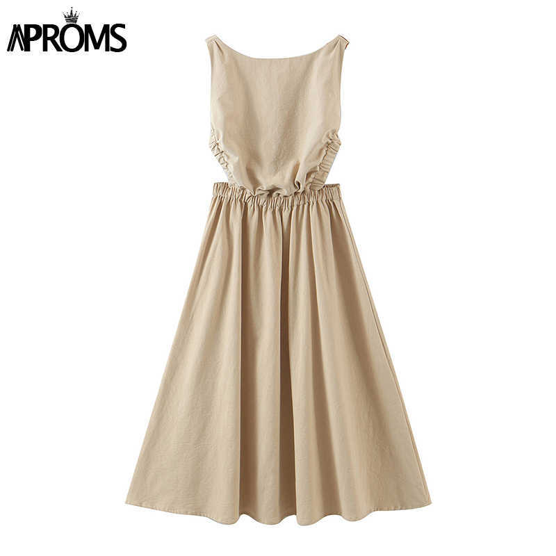 Aproms Elegant Cotton Linen Midi Dress Women Summer Fashion Sundresses Lady Casual Backless Crossover Basic A-line Dresses 210630