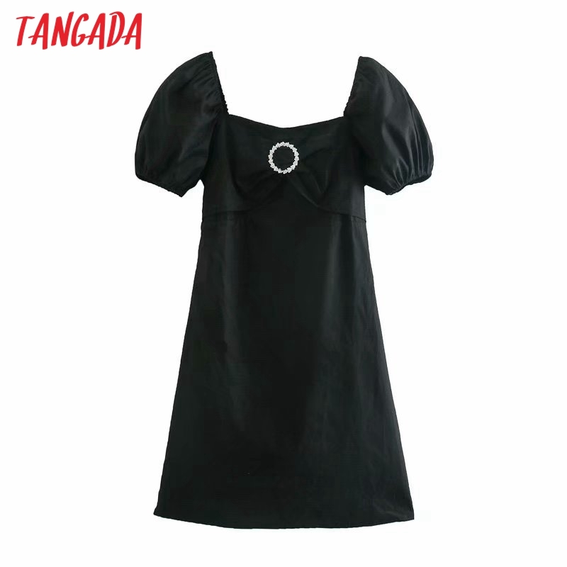 Summer Women Beading Bow White Square Neck Short Sleeve Ladies Mini Dress Vestidos 3D38 210416