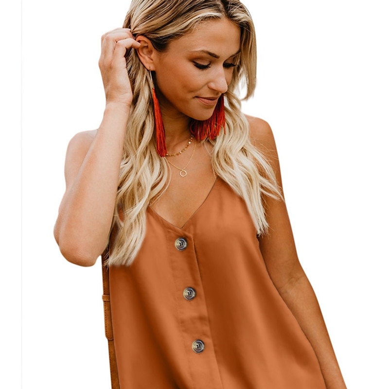 Women Summer Sexy Tank Tops Cami V Neck Solid Color Casual Loose Sleeveless Vest Tops With Button DD1 210625