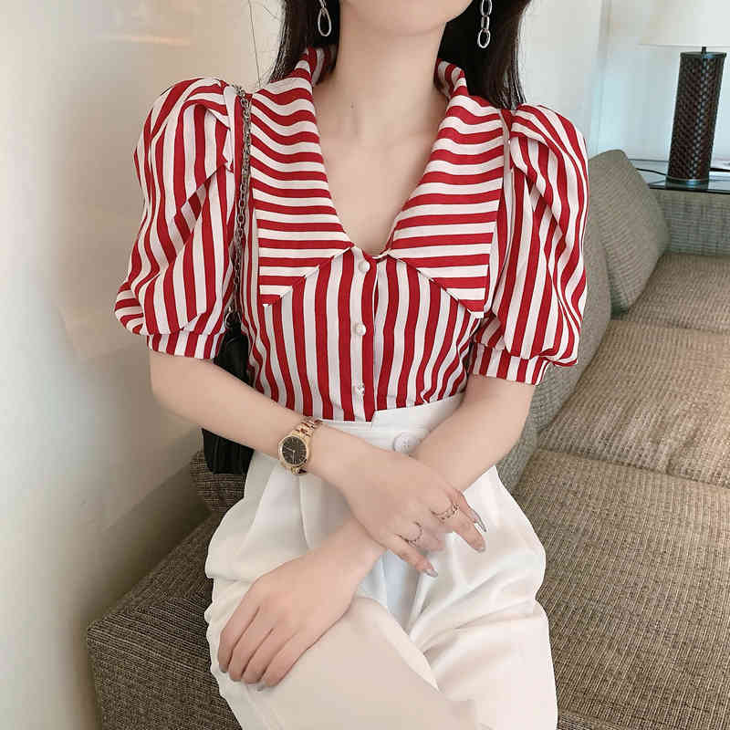 Vintage Lapel Short Sleeve Black Striped Shirts Women Loose Summer Fashion Clothing Red Tops Blusas Mujer Elegant Sexy Blouse 210429
