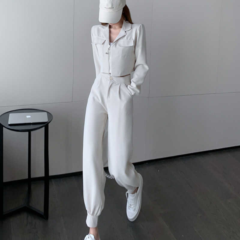 vetement femme Casual Two Piece Set Women Crop Top Vintage Blazers Coat & Pants Suits 2 piece sets outfits clothing 210930