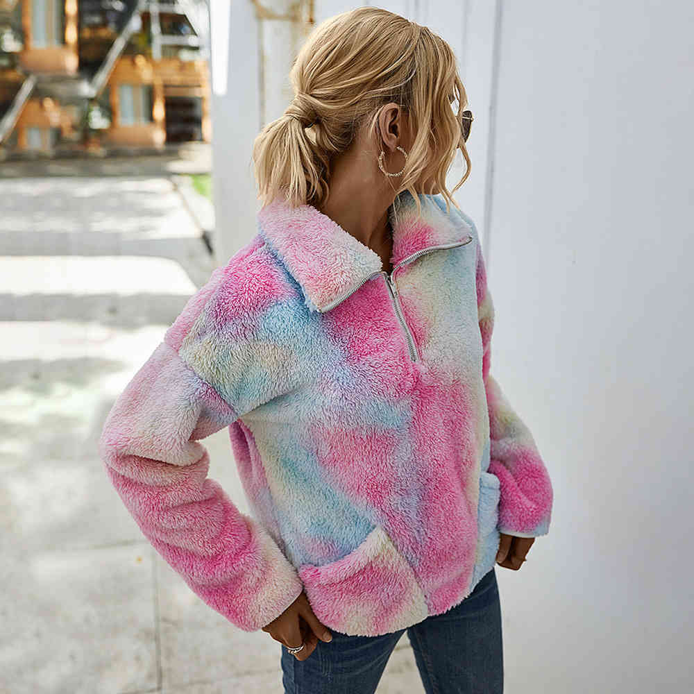 Autumn Fleece Zipper coat jacket Women's Winter Tie-Dye Fur Vintage coats Plush Jacket for Full Print clothes 210508