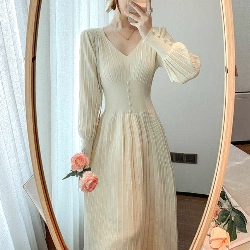 Winter Knitted Dress Women Casual Long Sleeve Office Sweater Dress Female V-neck Button Korean Style Autumn Chic 210521