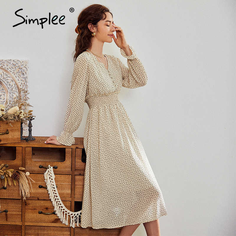 casual flare sleeve dres Elegant V-neck Polka Dot print sash dress A-Line holiday female midi dress autumn 210630
