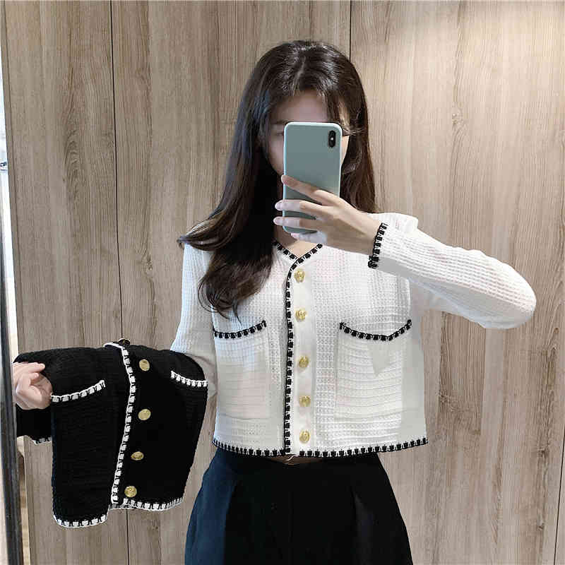 Vintage Elegant Women Cardigan Sweater V-neck Single-breasted Full Sleeve Short Tops Jumpers Femme 210514