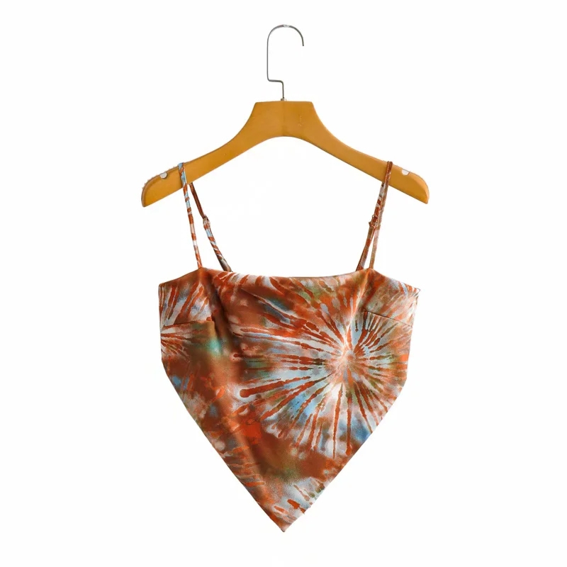 Casual Woman Slim Tie-Dye Spaghetti Strap Triangle Top Summer Sexy Ladies Beach Camisole Female Chic Backless Tanks 210515