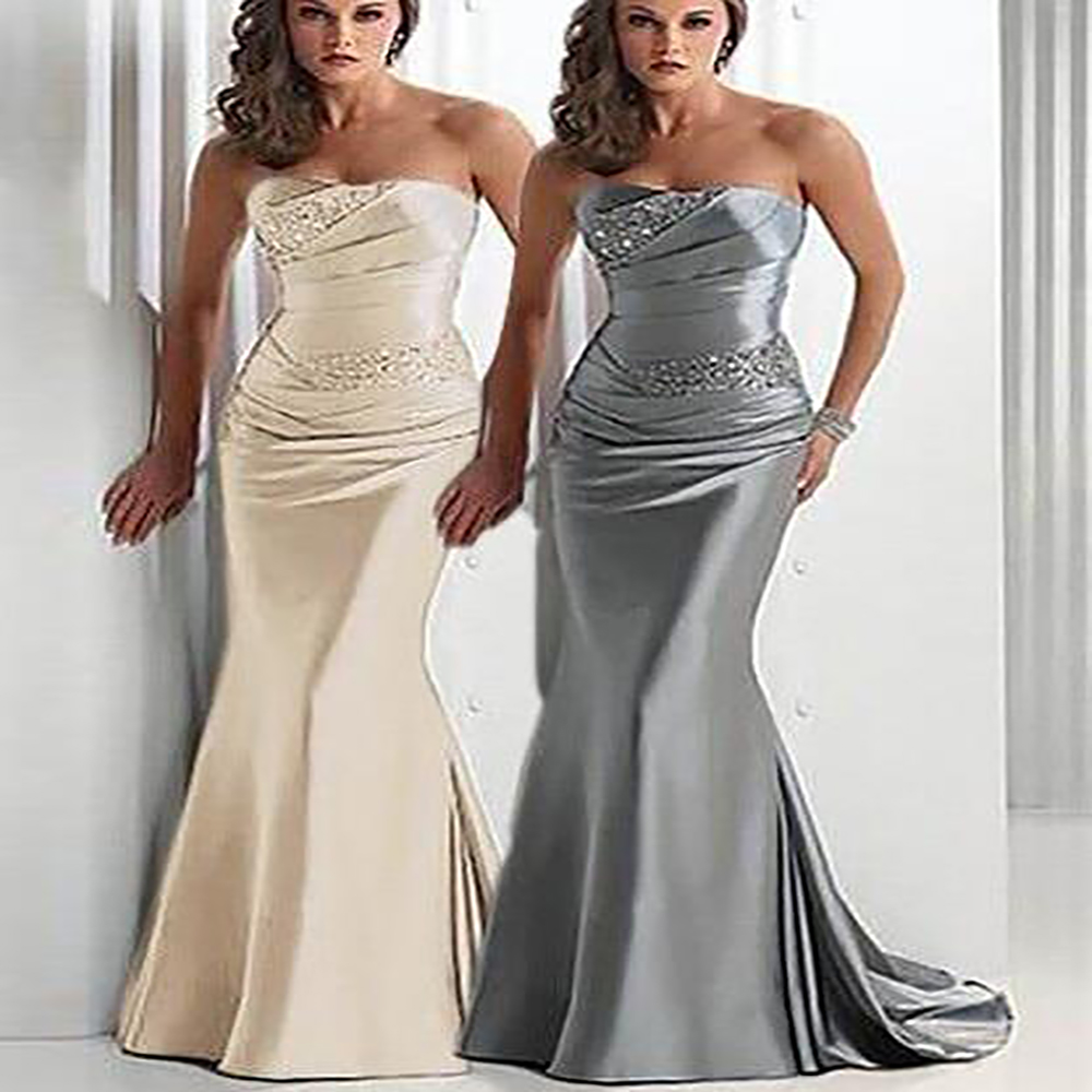 Elegant Silver Mermaid Evening Dress With Beaded Pleat African Floor Length Satin Long Prom Dresses 2022 Sexy Strapless Party Gowns Robe De Soirée Fem