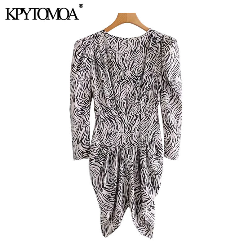 Women Chic Fashion Zebra Print Asymmetrical Mini Dress Long Sleeve Back Zipper Female Dresses Vestidos 210420