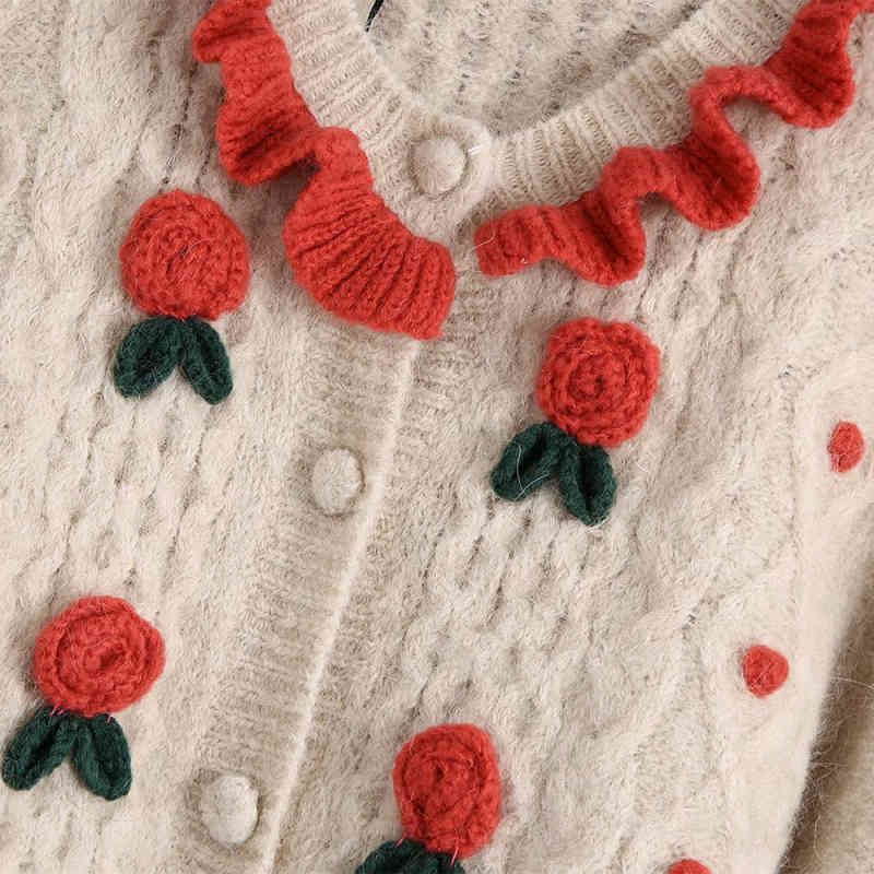 Casual Woman Beige Appliques Knitted Cardigan Spring Autumn Fashion Ladies Soft Patchwork Sweaters Girls Sweet Knitwear 210515