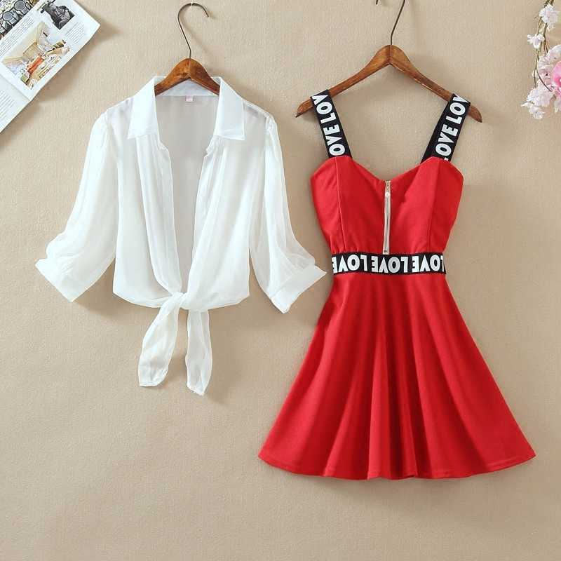 Fashion Women Lantern Sleeve Turn Down Chiffon Shirt Top + Mini Short A Line Letter Spaghetti Strap Dress Two Pieces Sets 210708