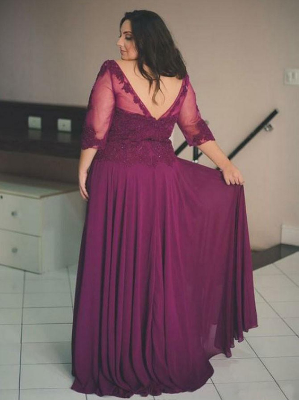 Elegant Scoop Mother's Evening Dress with Sleeves vestido de madrinha Chiffon Mother of Bride Dress Plus Size Wedding Guest Gown