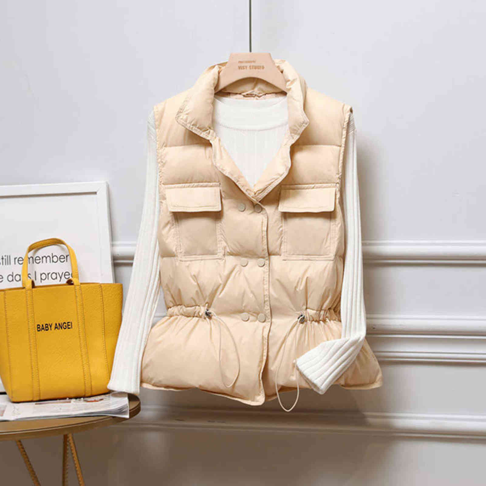 Padded Vest Women Winter Sleeveless bright down jacket Oversized quilted Coat Stand Collar Cardigan Drawstring Outerwear Chic 211120