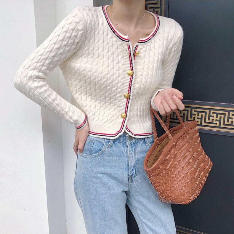 elegant single brested white weed lace knitting cardigan button striped soft girl sweater jacket spring 210421