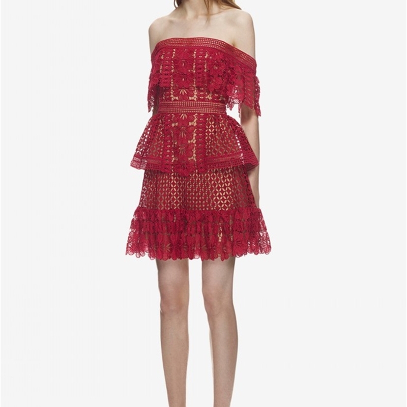 Arrive Lace Hollow Out Sexy Off Shoulder Dress Women Pink And Red Summer Dresses Vestidos 210520